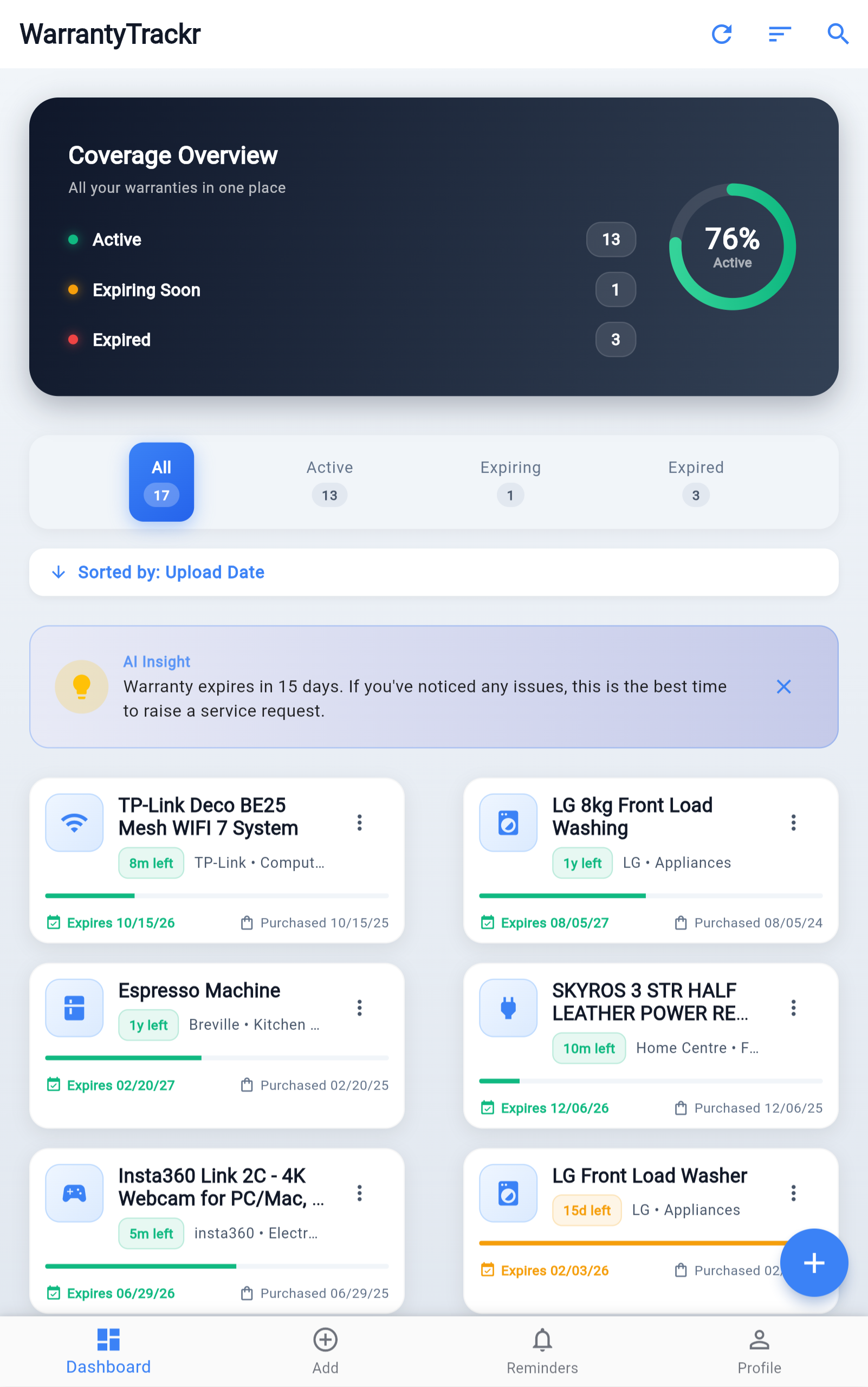 WarrantyTrackr tablet interface showing warranty dashboard